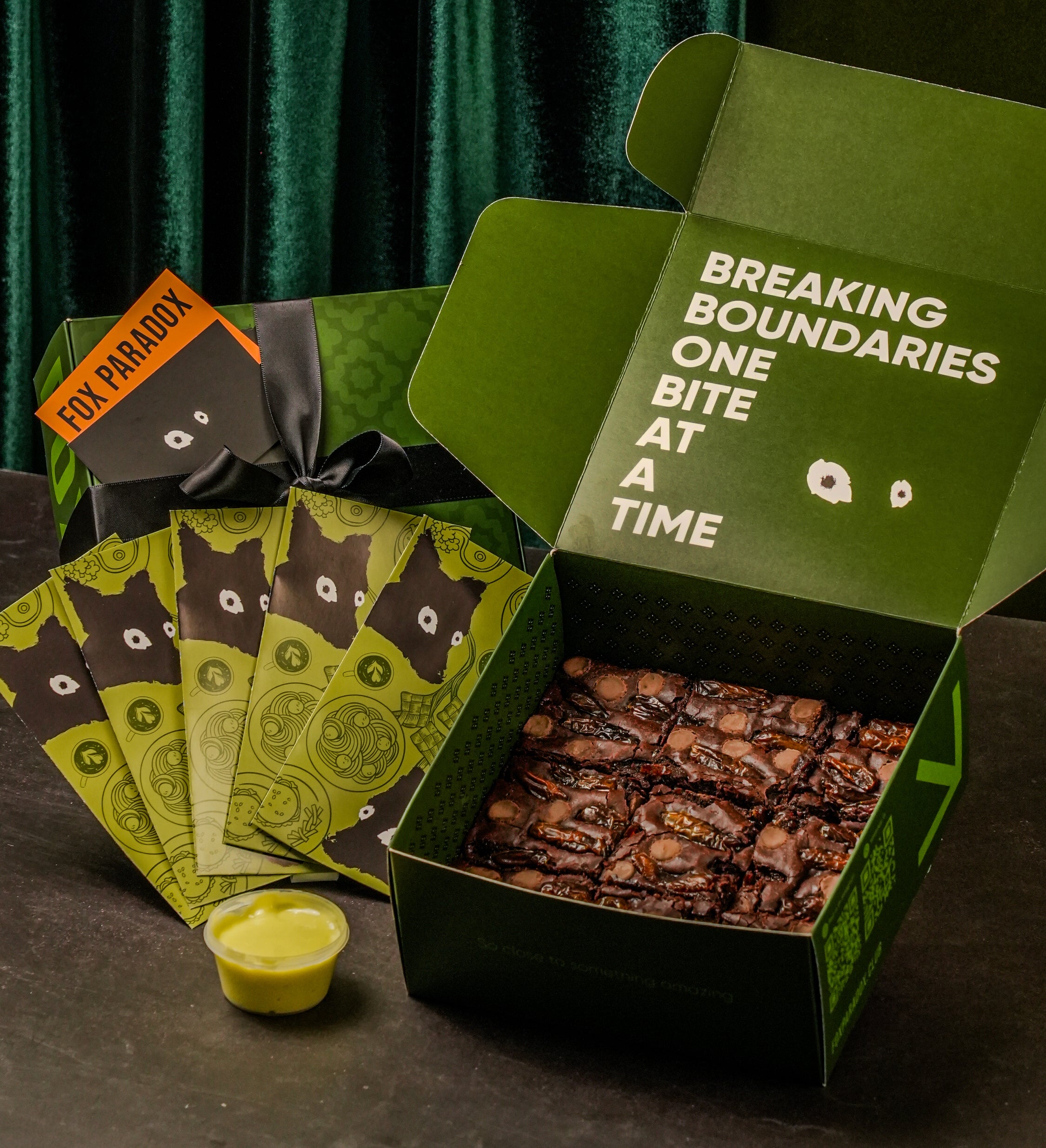 Premium Date Brownie Raya Gift Box with black ribbon packaging